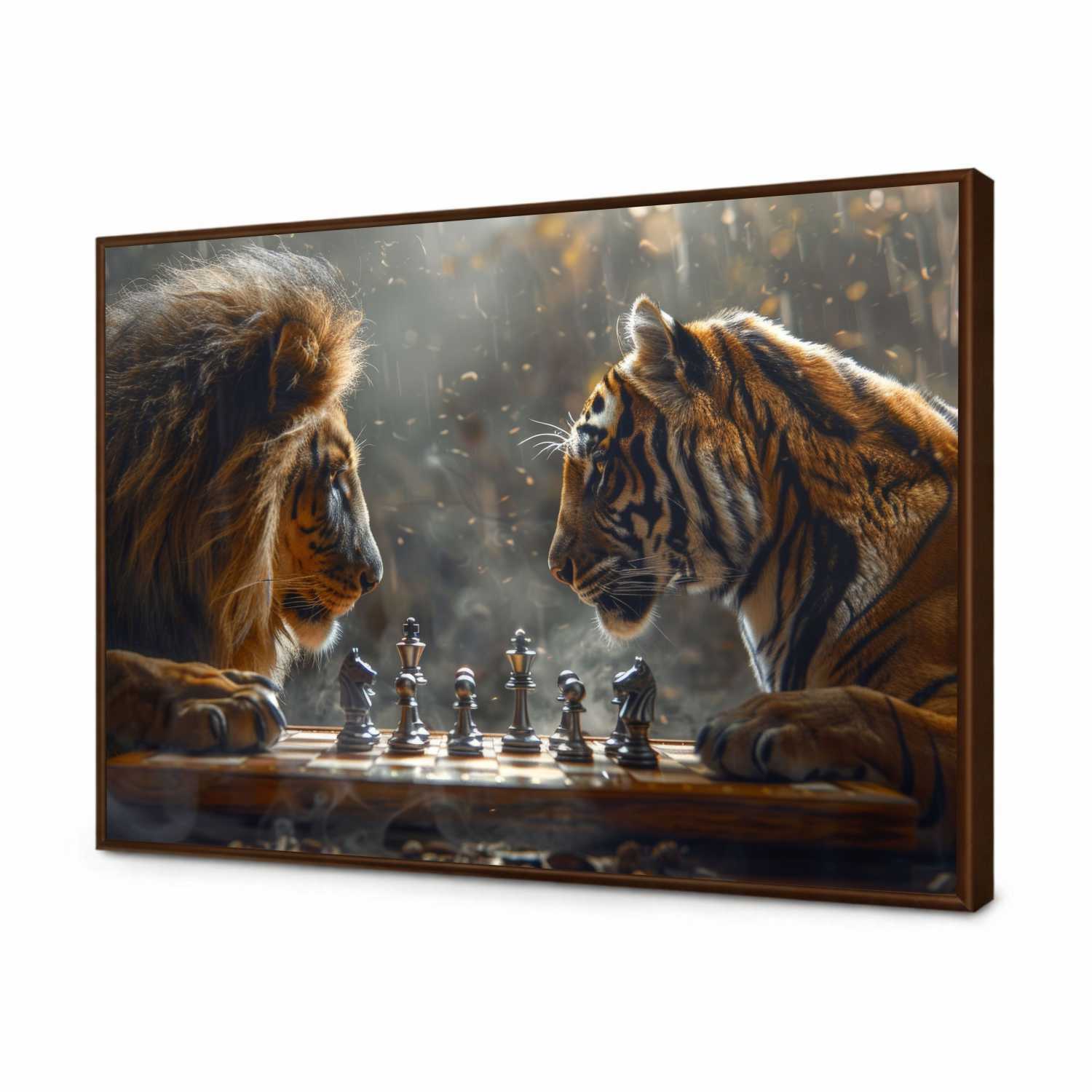 Quadro Decorativo Leão vs Tigre Jogando Xadrez 